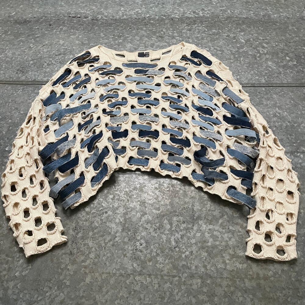 Shannon Passero Lenora Pullover Knit Sweater Small Distressed Hole Denim Jean